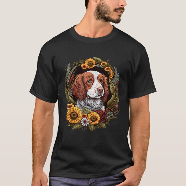 Sunflower Hippie Floral Brittany Spaniel Dog T Shi T-Shirt (Front)
