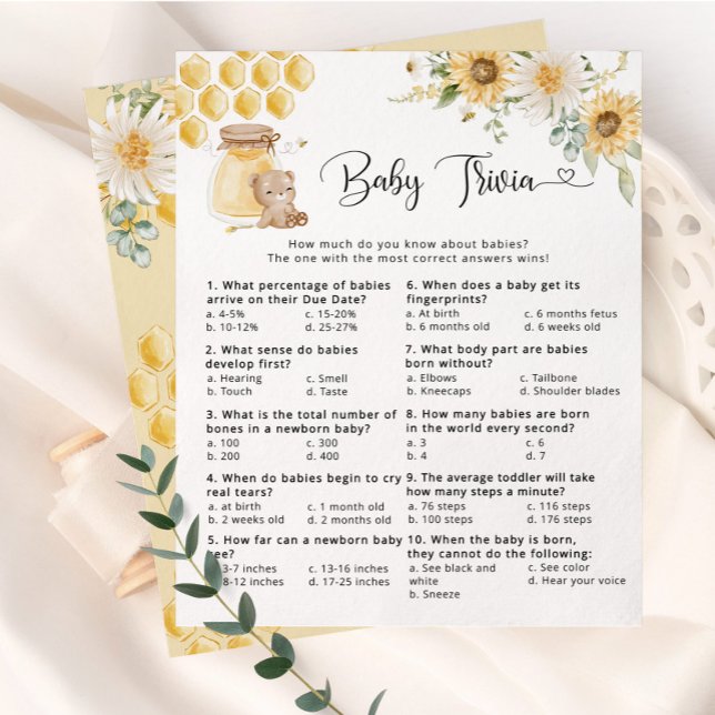 Sunflower honey bear Baby trivia baby shower game (Creator Uploaded)