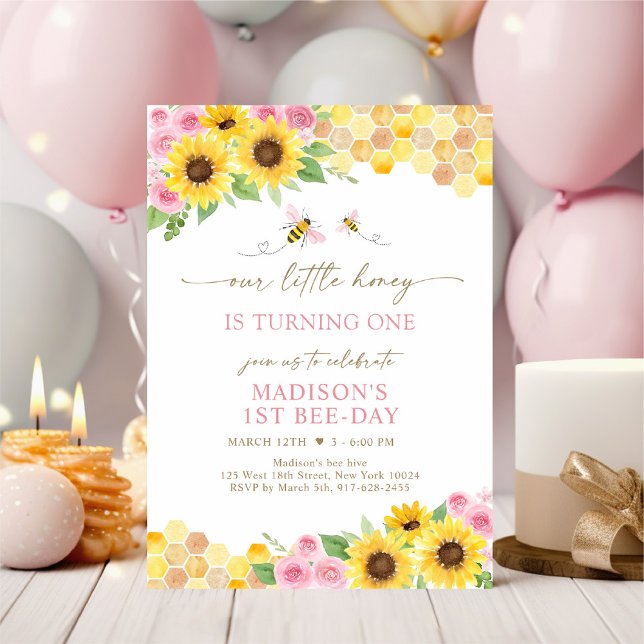 Sunflower Honey Bee Pink Floral Birthday Invitation (Creator Uploaded)