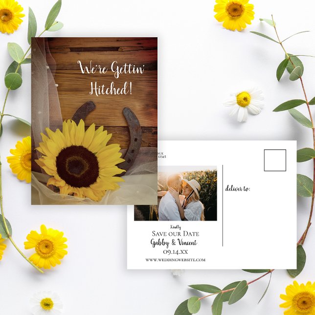 Sunflower  Horseshoe Western Wedding Save the Date Announcement Postcard (Creator Uploaded)