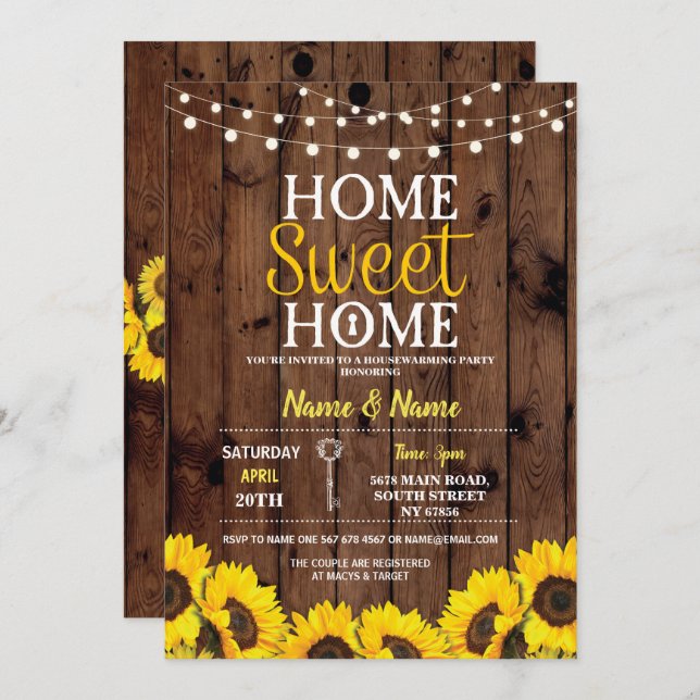 Sunflower Housewarming Sweet Home Wood Invite (Front/Back)