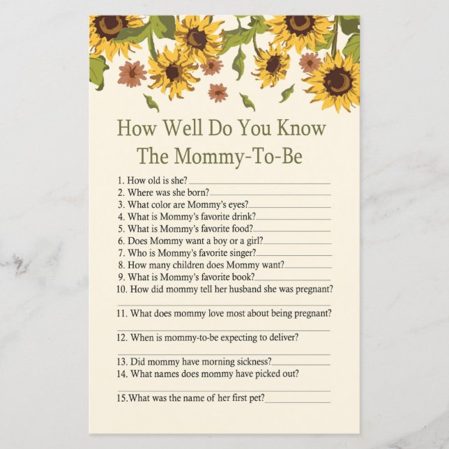 Sunflower How well do you know baby shower game (Front)