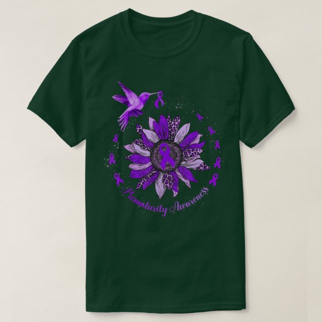Sunflower Hummingbird Purple Ribbon Prematurity Wa T-Shirt (Design Front)