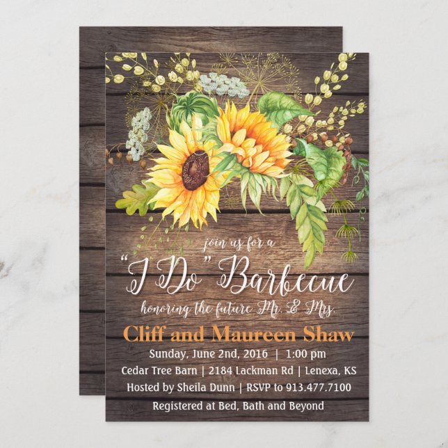 Sunflower I Do BBQ Wood Couples Shower Invitation (Front/Back)