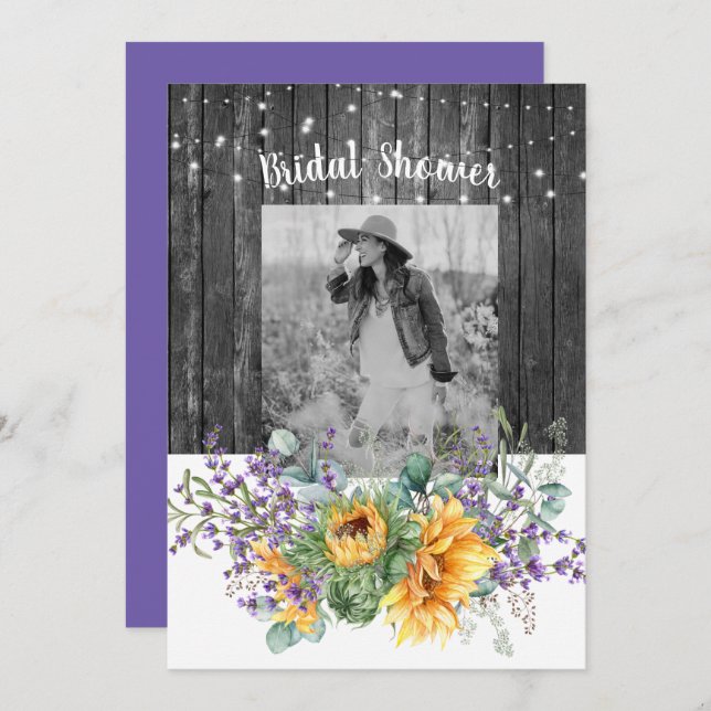  Sunflower II Lavender Photo Rustic Bridal Shower Invitation (Front/Back)