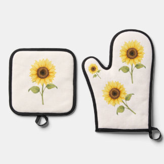 Sunflower Illustration — Bright Botanical Art Oven Mitt & Pot Holder Set