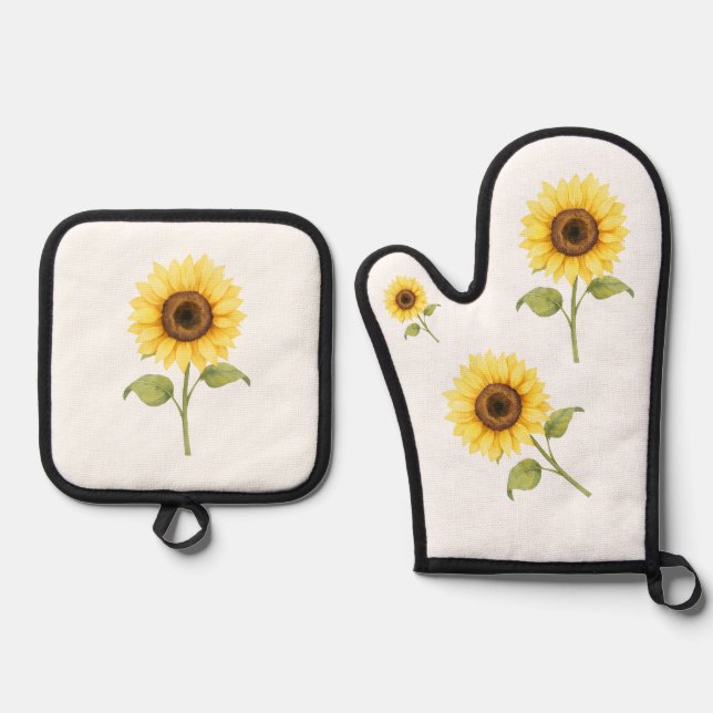 Sunflower Illustration — Bright Botanical Art Oven Mitt & Pot Holder Set (Front)