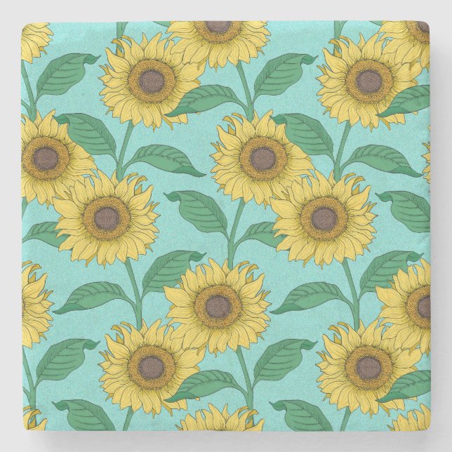 Sunflower Illustration Fashion Repeat Pattern Stone Coaster (Front)