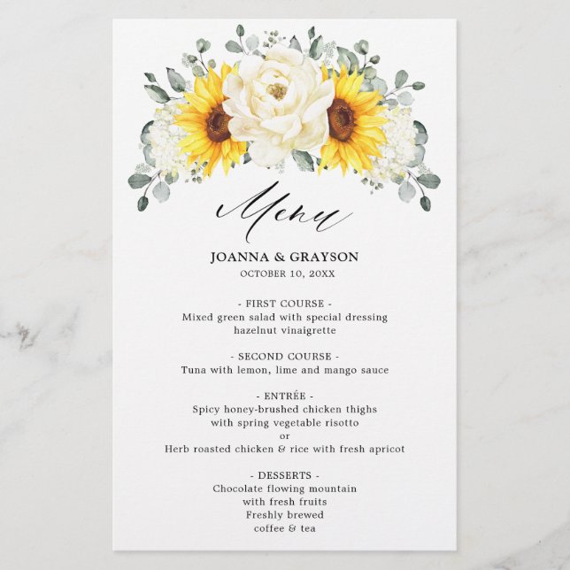 Sunflower Ivory Peony Eucalyptus Wedding Menu (Front)
