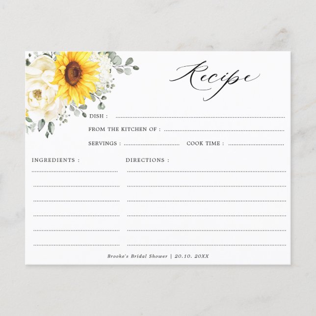 Sunflower Ivory Peony Floral  Bridal Shower Recipe (Front)
