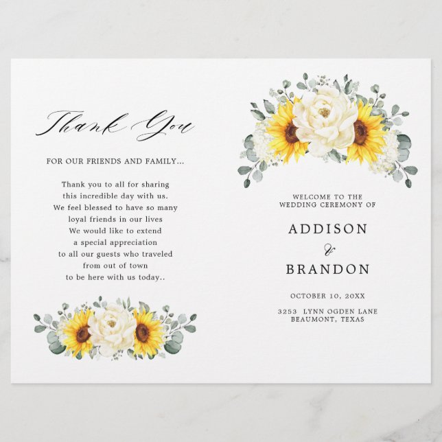 Sunflower Ivory Peony Floral Eucalyptus Program (Front)