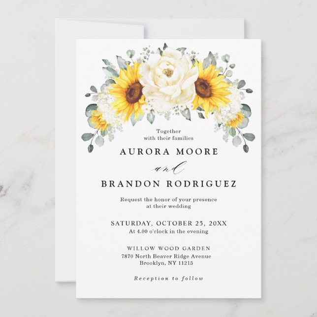Sunflower Ivory Peony Floral  Eucalyptus Wedding   Invitation (Front)