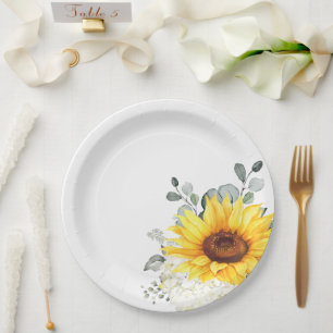  Sunflower Ivory Peony Floral Eucalyptus Wedding  Paper Plate