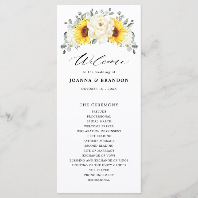 Sunflower Ivory Peony Floral Eucalyptus Wedding    Programme (Front)