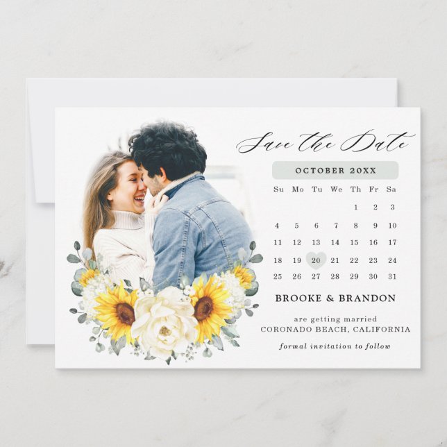 Sunflower Ivory Peony Floral Eucalyptus Wedding    Save The Date (Front)