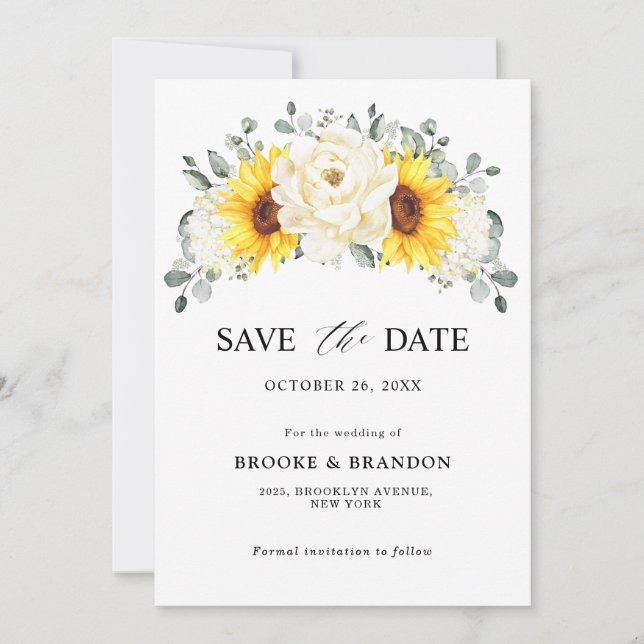 Sunflower Ivory Peony Floral Eucalyptus Wedding    Save The Date (Front)