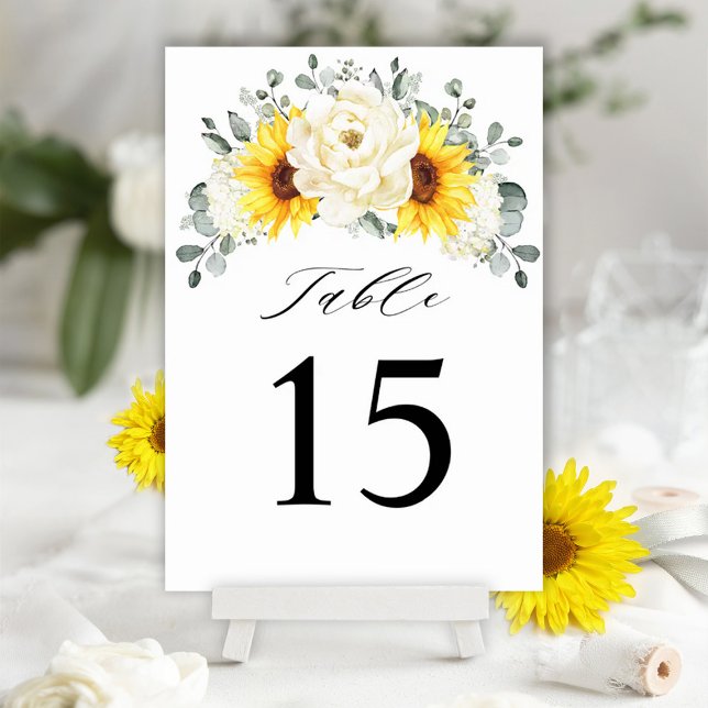Sunflower Ivory Peony Floral Eucalyptus Wedding    Table Number (Yellow sunflower ivory peonies wedding theme.)