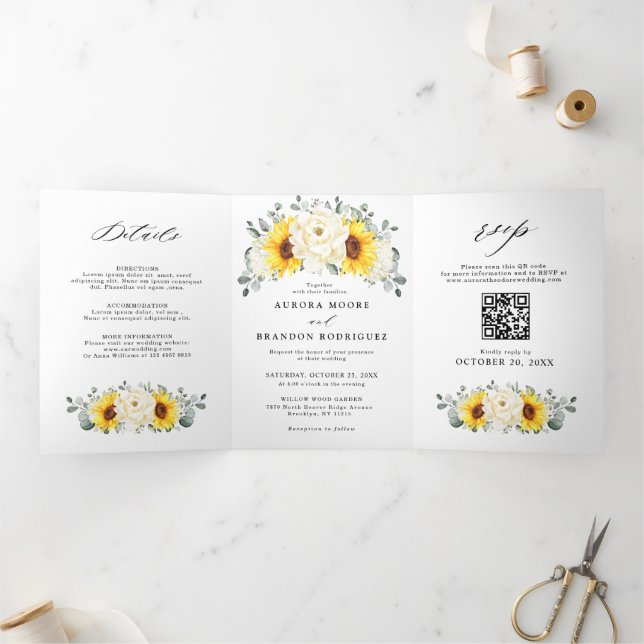 Sunflower Ivory Peony Floral QR Code Wedding    Tri-Fold Announcement (Inside)
