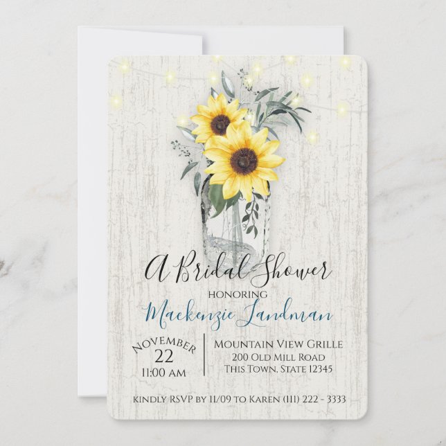 Sunflower Jar and String Lights Rustic Wedding Invitation (Front)