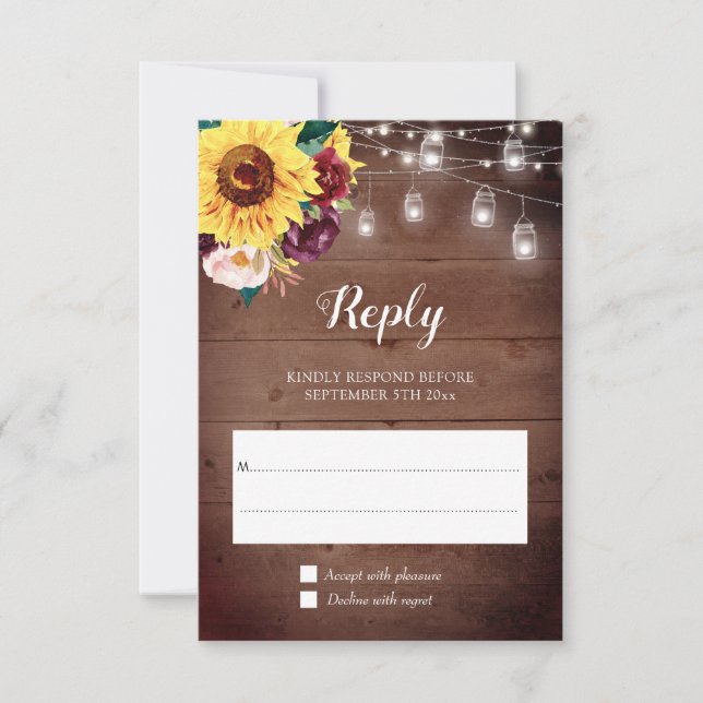 Sunflower Jar Lights Burgundy Blush Floral Wedding RSVP Card (Front)