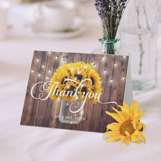 Sunflower Jar String Lights Barn Wedding Thank You Card (Creator Uploaded)