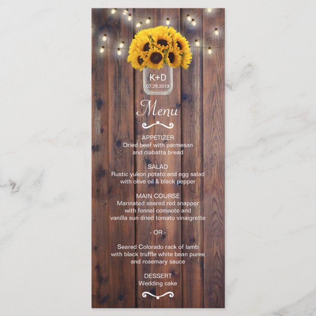 Sunflower Jar String Lights Rustic Wedding Menu (Front)