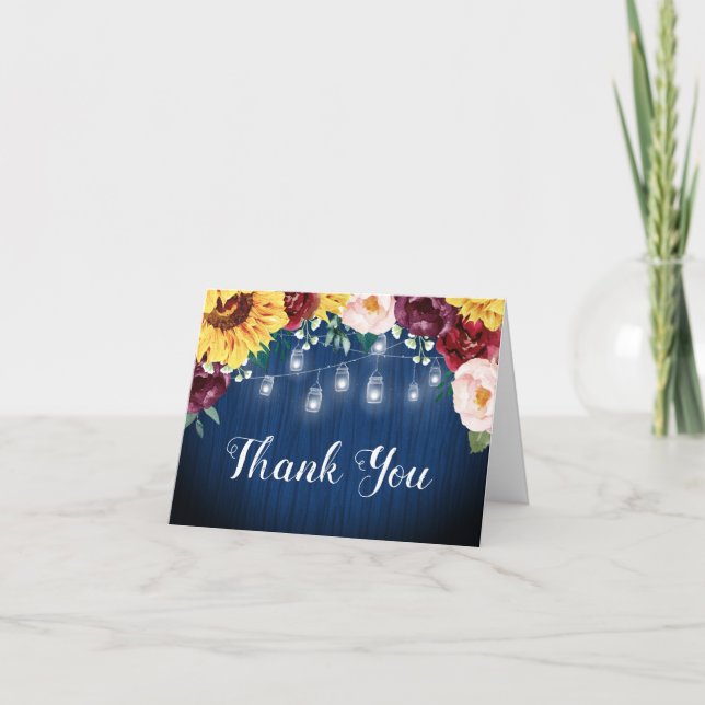 Sunflower Jars Floral Navy Blue Bridal Shower Thank You Card (Front)
