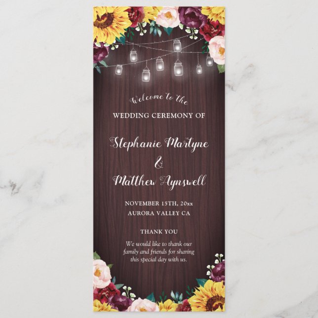 Sunflower Jars Lights Wood Burgundy Blush Wedding Programme (Front)