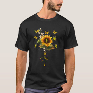 Sunflower Jesus Cross Butterflies Art Religious Ch T-Shirt