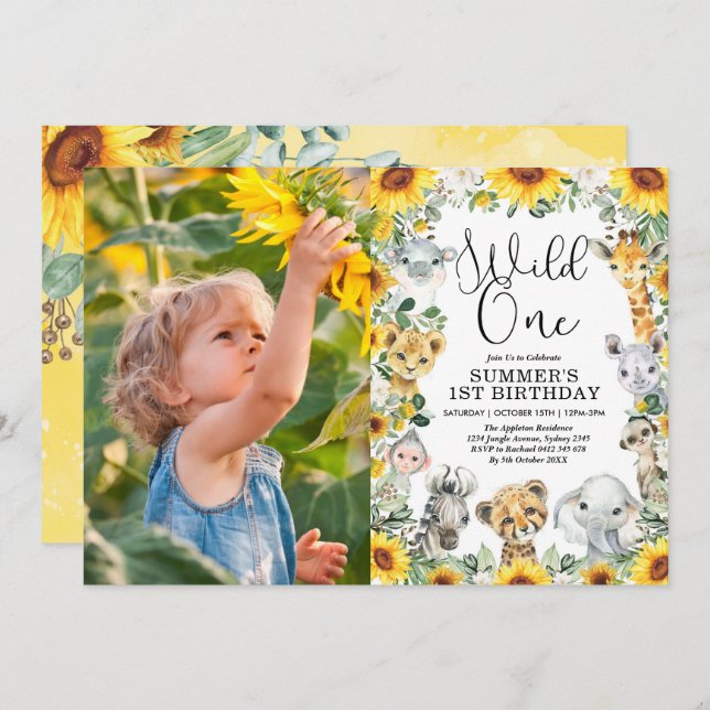 Sunflower Jungle Animals Wild One Birthday Photo Invitation (Front/Back)