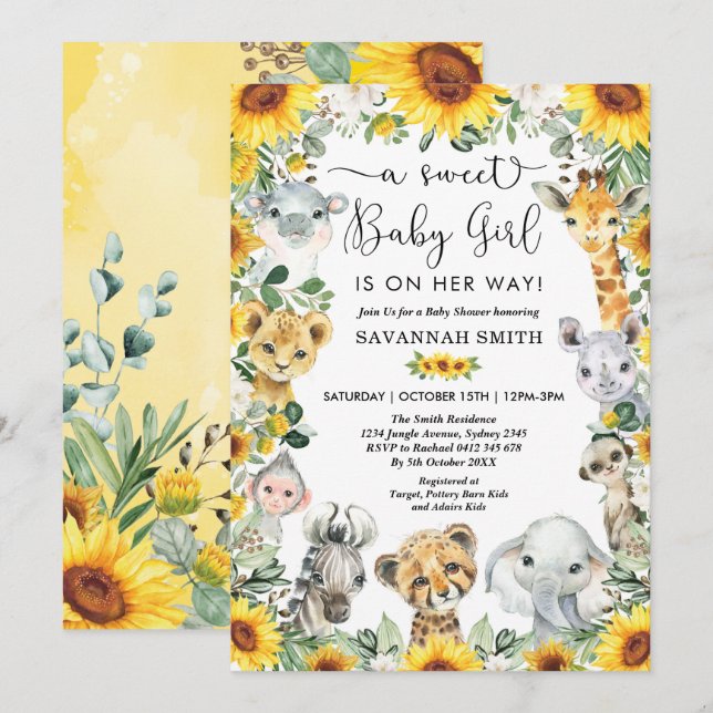 Sunflower Jungle Safari Animals Girl Baby Shower Invitation (Front/Back)