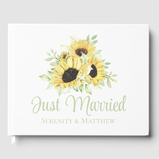 Sunflower Just Married Watercolor Floral Wedding Guest Book (Front)