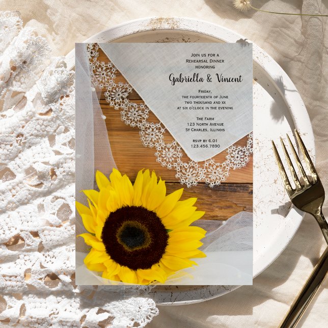 Sunflower Lace Country Wedding Rehearsal Dinner Invitation (Creator Uploaded)