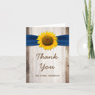 Sunflower Lace Navy Ribbon Barn Wood Thank You Card