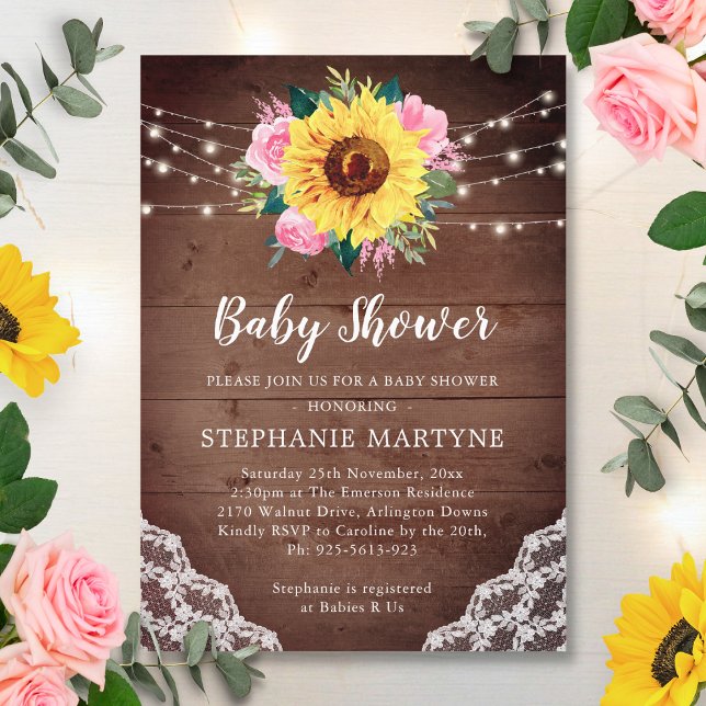Sunflower Lace Pink Floral Rustic Baby Shower Invitation (Creator Uploaded)