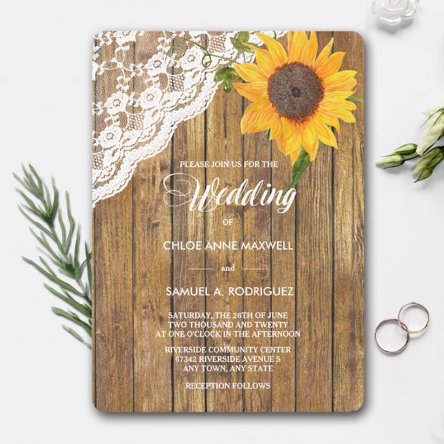 Sunflower Lace Wood Floral Wedding Invitation (Creator Uploaded)