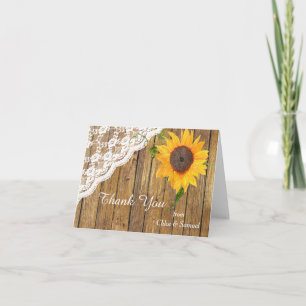 Sunflower Lace Wood Floral Wedding Thank You Card
