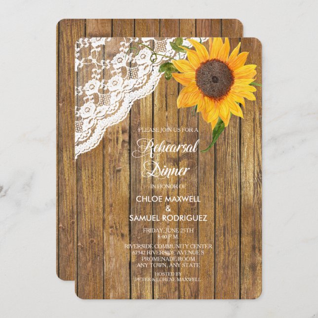 Sunflower Lace Wood Rehearsal Dinner Invitation (Front/Back)