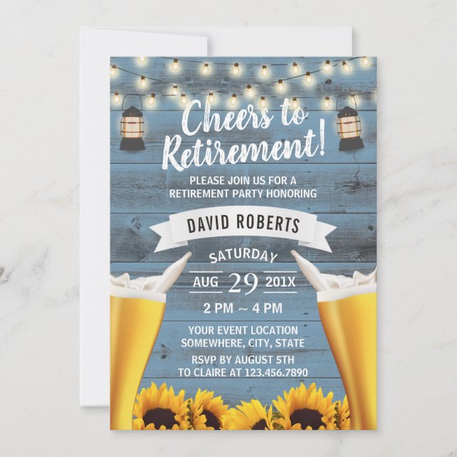 Sunflower & Lantern Beer Retirement Dusty Blue Invitation (Front)