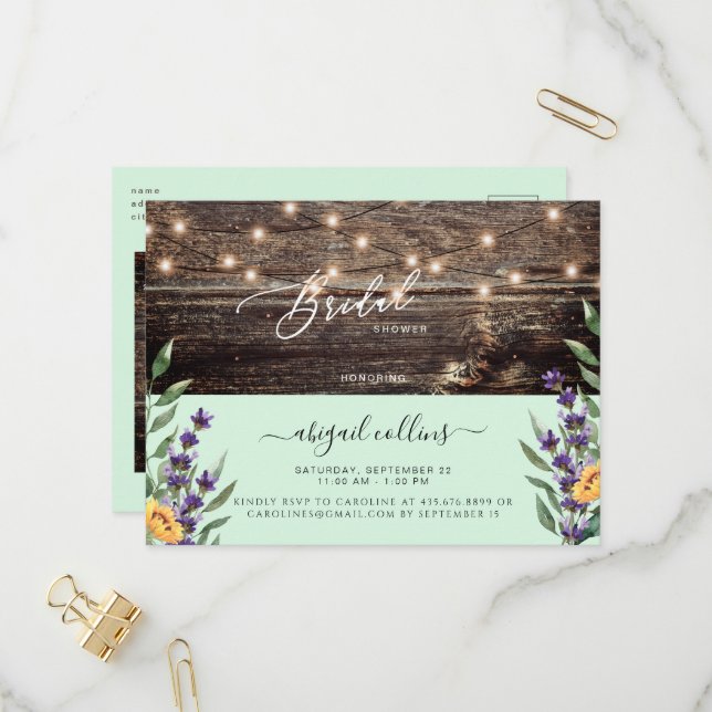 Sunflower & Lavender Rustic Mint Bridal Invitation Postcard (Front/Back In Situ)