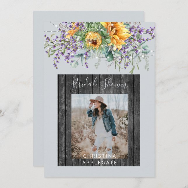 Sunflower Lavender Rustic Photo Bridal Shower  Invitation (Front/Back)