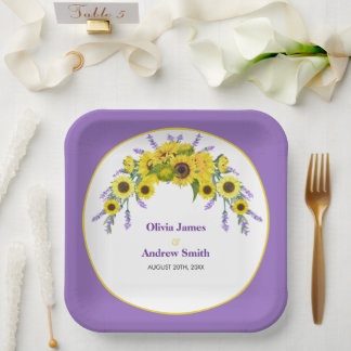 Sunflower & Lavender Vintage Floral Purple Wedding Paper Plate
