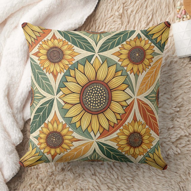 Sunflower & Leaf Pattern | Nature-Inspired Quilted Cushion (Blanket)