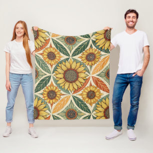 Sunflower & Leaf Pattern   Nature-Inspired Quilted Fleece Blanket
