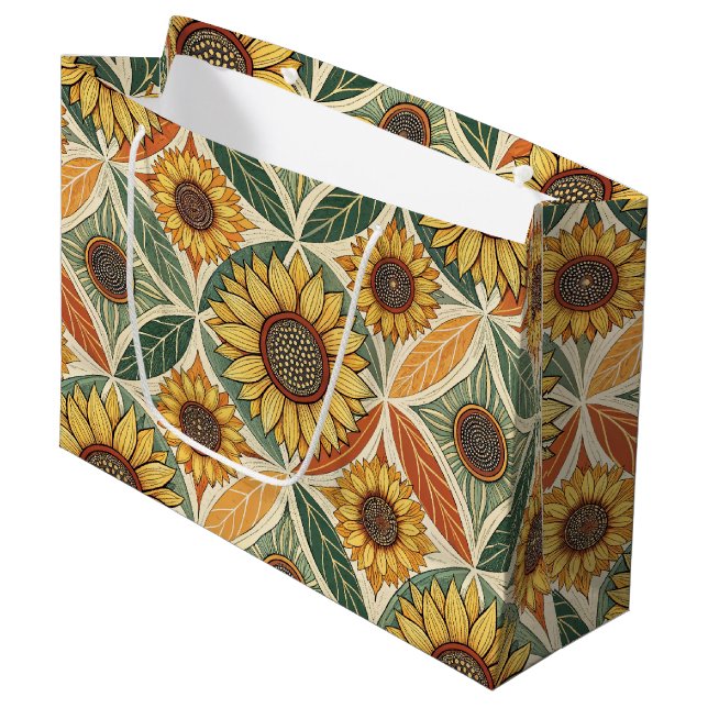 Sunflower & Leaf Pattern | Nature-Inspired Quilted Large Gift Bag (Front Angled)
