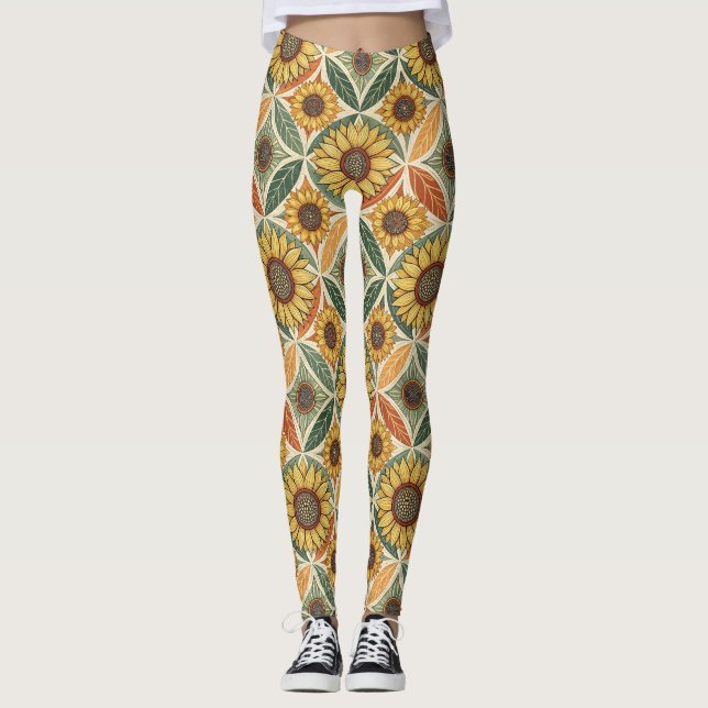 Sunflower & Leaf Pattern | Nature-Inspired Quilted Leggings (Front)