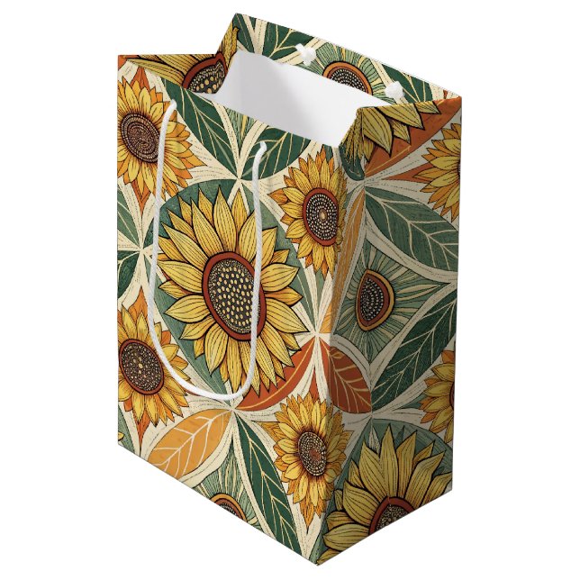 Sunflower & Leaf Pattern | Nature-Inspired Quilted Medium Gift Bag (Front Angled)