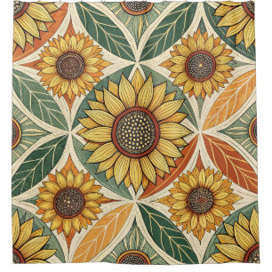 Sunflower & Leaf Pattern Nature-Inspired Quilted Shower Curtain
