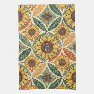 Sunflower & Leaf Pattern Nature-Inspired Quilted Tea Towel