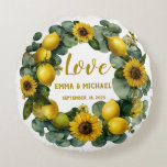 Sunflower Lemon Wreath Love Design Round Cushion<br><div class="desc">Warm and inviting, this autumn-inspired design features a sunflower and lemon wreath with the word “Love, ” perfect for celebrating couples and special moments. With the option to add names and a meaningful date, it becomes a unique keepsake for weddings, anniversaries, or first dates. Ideal for home décor products like...</div>